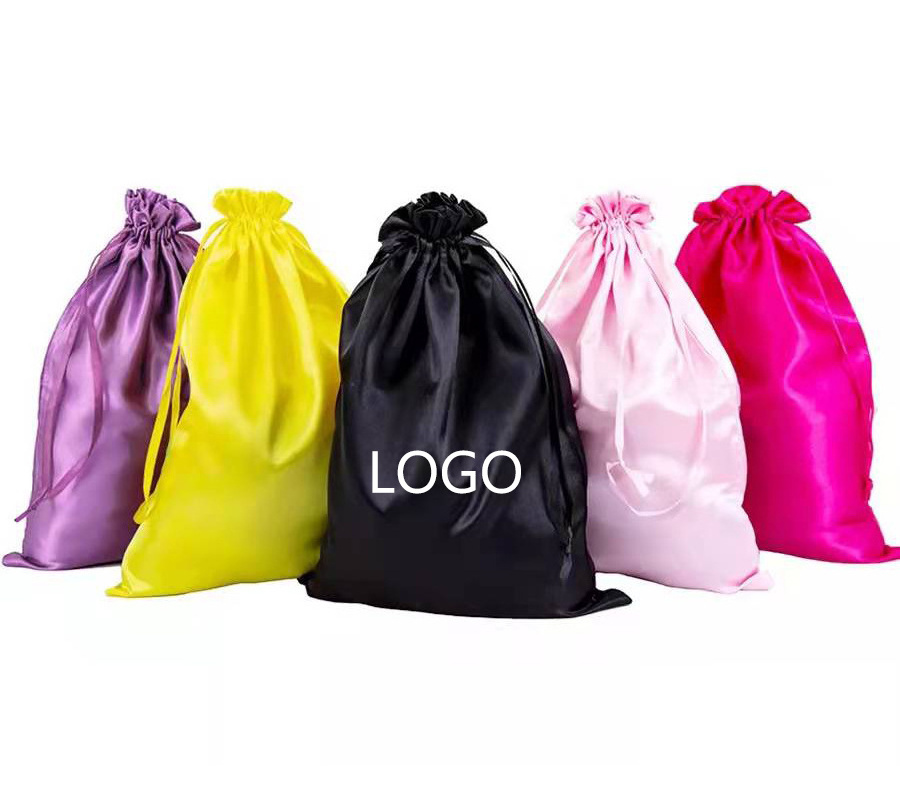 CHENGHE Custom Large Satin Silk Bags with Logo for Wigs Printed Hair Extension Bundles Drawstring Dust Pouch Bag Gift Packaging