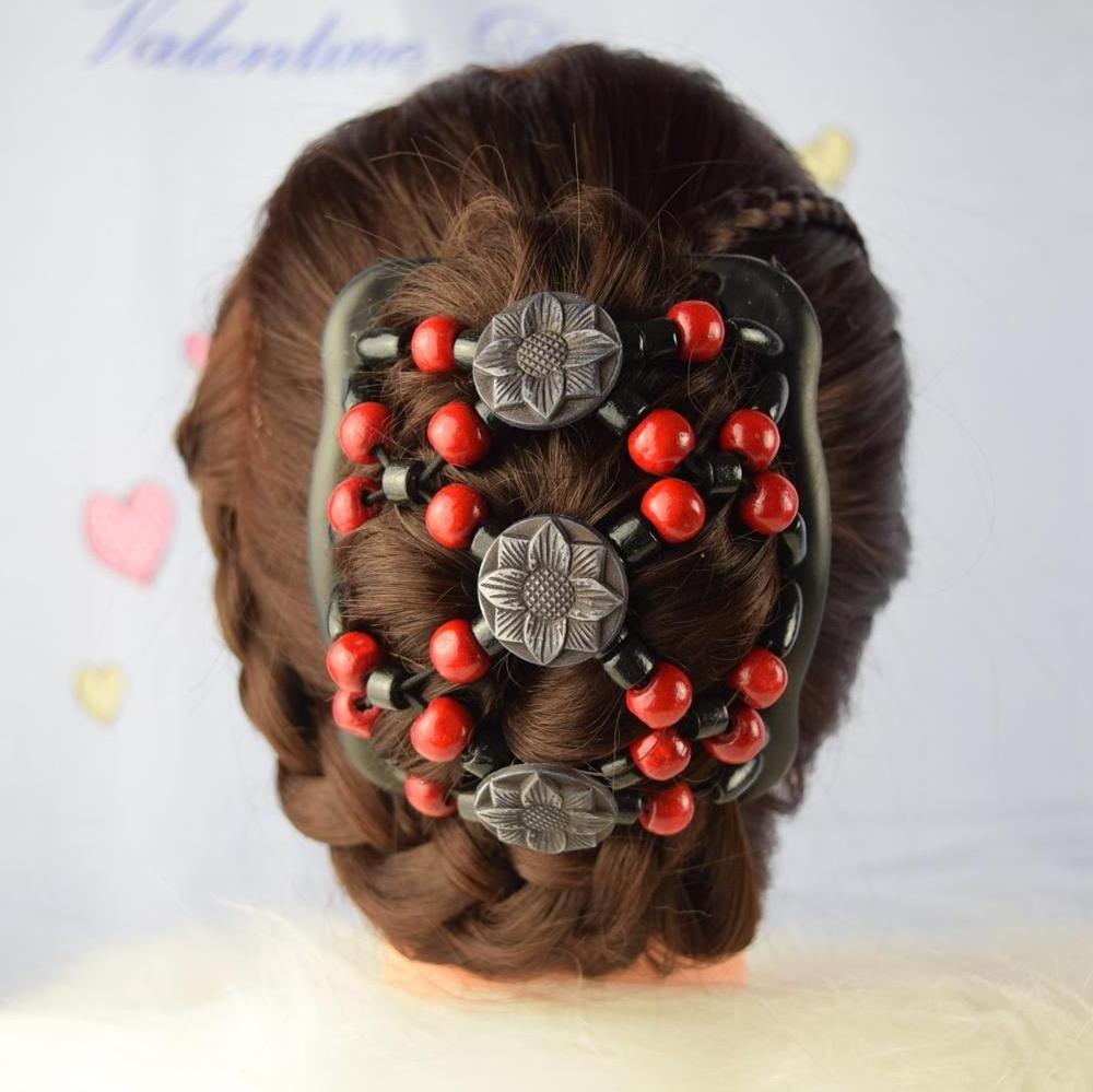 Custom retro fashion magic comb hair claw clips wooden beads double row hair comb for women hair bun