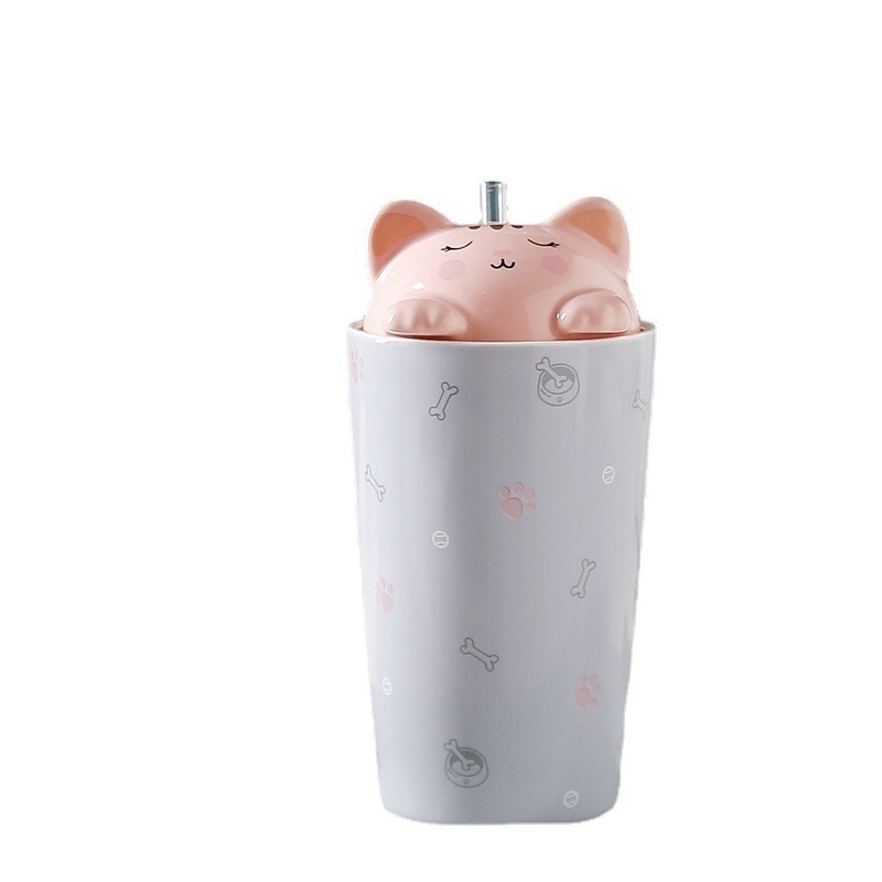 Straw cup with lid for children cute cat white ceramic milk tea drink bottle