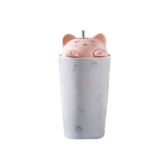 Straw cup with lid for children cute cat white ceramic milk tea drink bottle