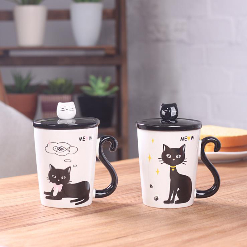 UCHOME Cat Tail Design Ceramic Animal 3D Mug With Lid And Spoon