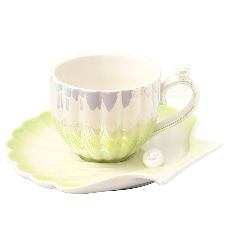 Custom Ceramic Mug Gradient Color Pearl Shell Coffee Cup And Saucer Set Gift Ceramic Pipe Mug