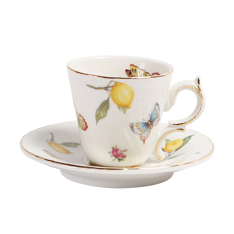 UCHOME European Ceramic Lemon Butterfly Coffee Cup and Saucer Set with Spoon English Afternoon Tea Set