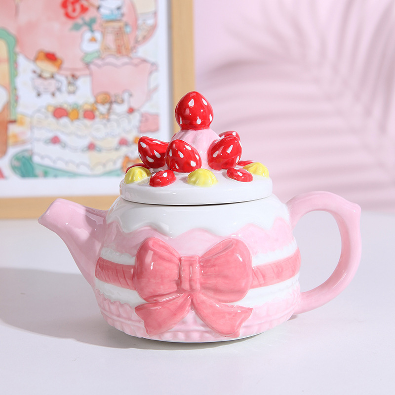 Cute strawberry cake ceramic cup Hand-painted pink three-dimensional bow teapot