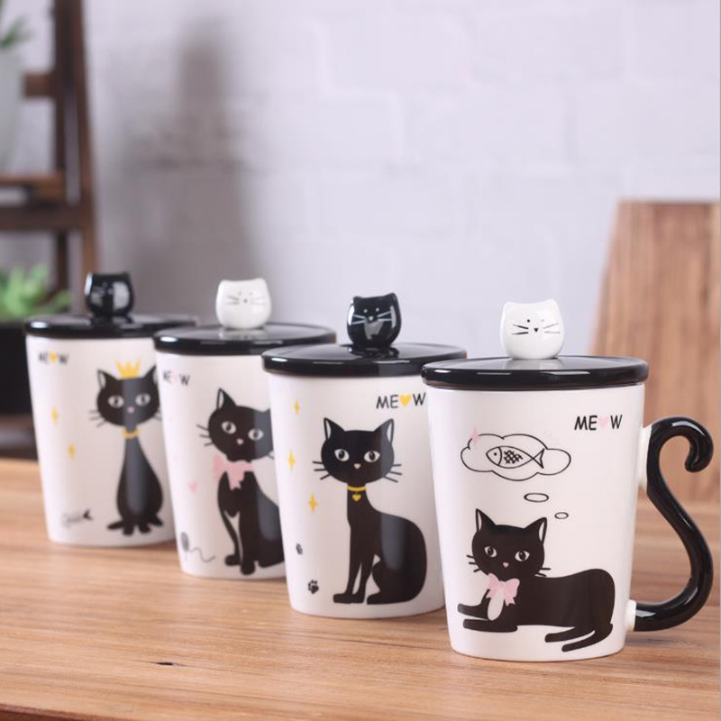 UCHOME Cat Tail Design Ceramic Animal 3D Mug With Lid And Spoon