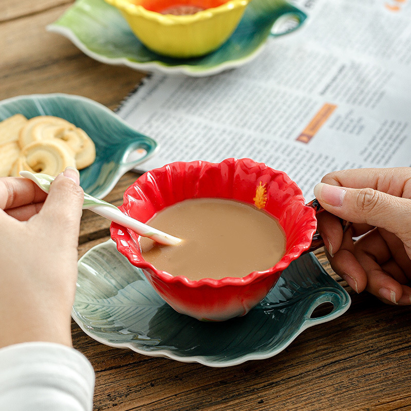 Creative 3D hand-painted sunflower flower ceramic cup enamel afternoon tea cup and saucer