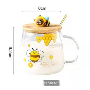 Cartoon little bee glass cup  large capacity with lid spoon household water cup office tea cup