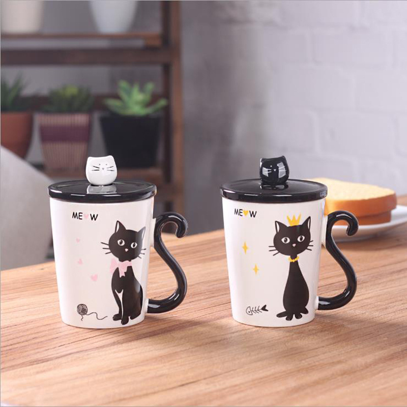 UCHOME Cat Tail Design Ceramic Animal 3D Mug With Lid And Spoon