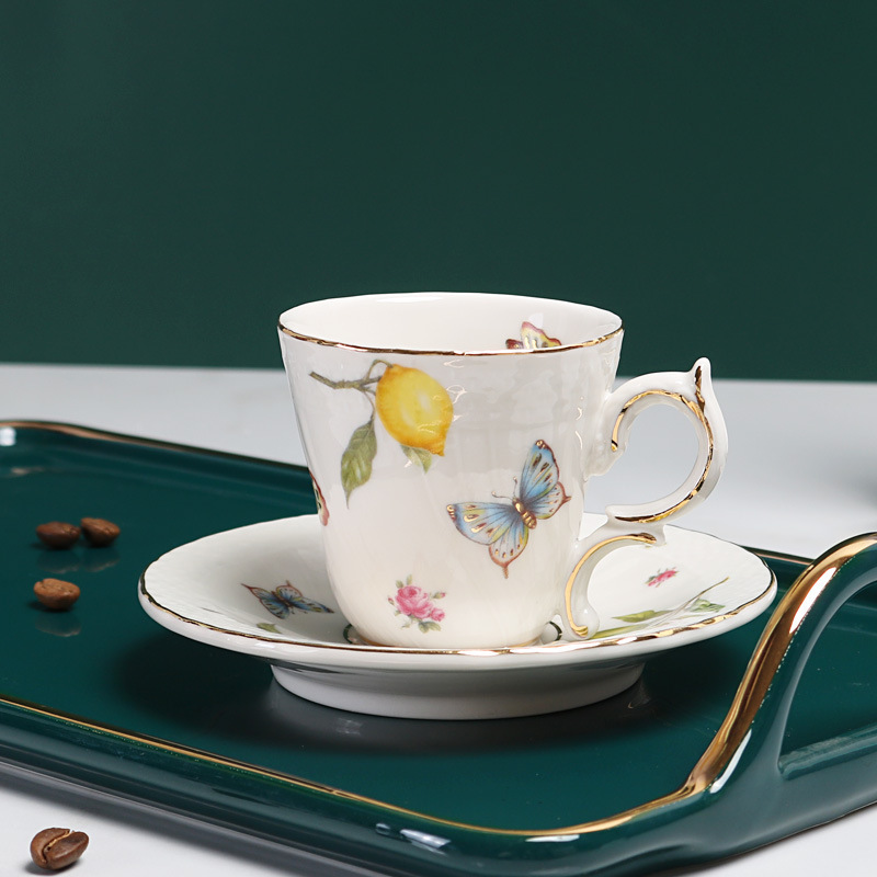 UCHOME European Ceramic Lemon Butterfly Coffee Cup and Saucer Set with Spoon English Afternoon Tea Set