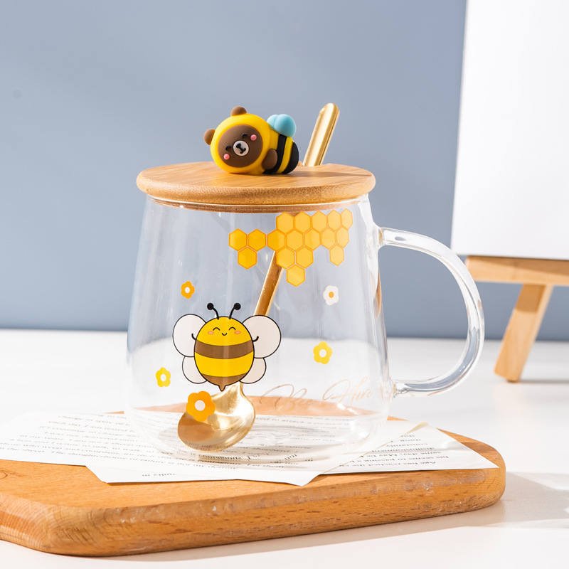 Cartoon little bee glass cup  large capacity with lid spoon household water cup office tea cup