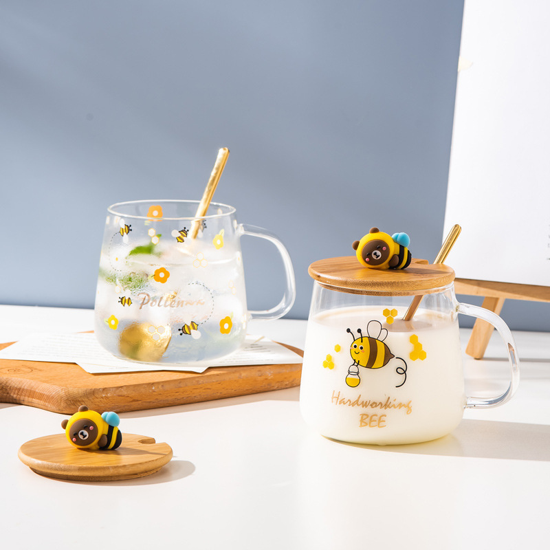 Cartoon little bee glass cup  large capacity with lid spoon household water cup office tea cup