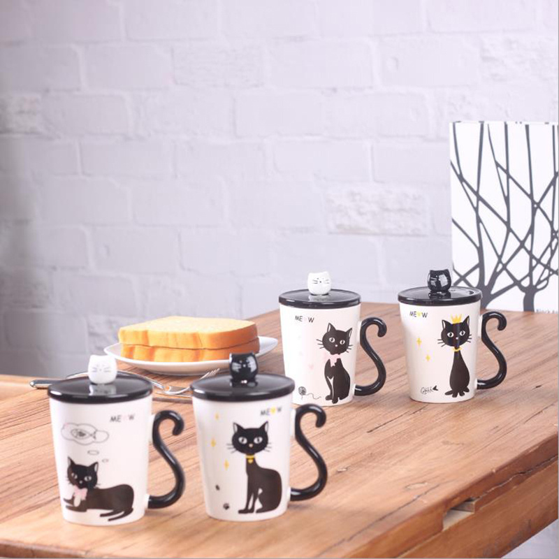 UCHOME Cat Tail Design Ceramic Animal 3D Mug With Lid And Spoon