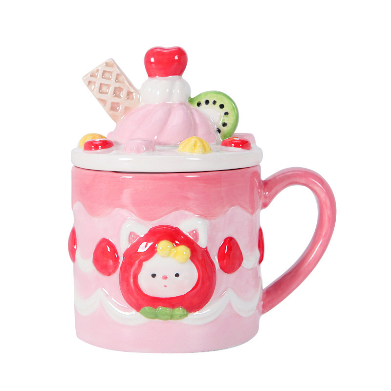 Cute strawberry cake ceramic cup Hand-painted pink three-dimensional bow teapot