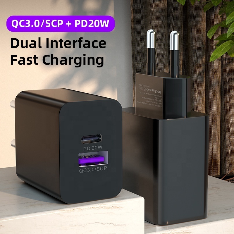 New Arrival Universal Power 20W USB Type-C EU Plug QC3.0 Dual Port Chargers Travel Adapter Mobile Phone Wall Charger