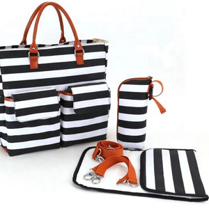 Fashional Eco Friendly Striped Multi-Function Waterproof Canvas Tote Baby Bag Baby Diaper Bag With Changing Pad For Mummy