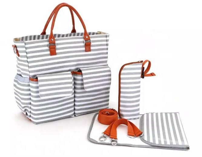 Fashional Eco Friendly Striped Multi-Function Waterproof Canvas Tote Baby Bag Baby Diaper Bag With Changing Pad For Mummy