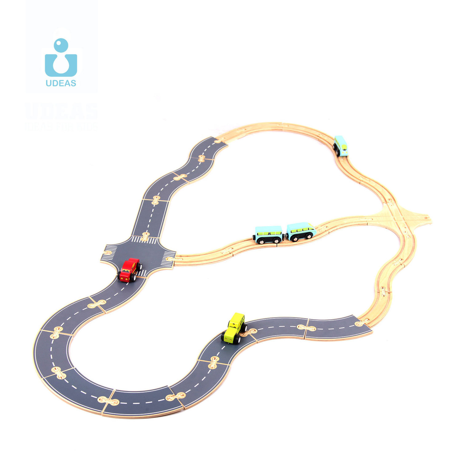 UDEAS Deluxe DIY Puzzle Toy Wooden Highway Track Small Set Slot Mini Car Toy