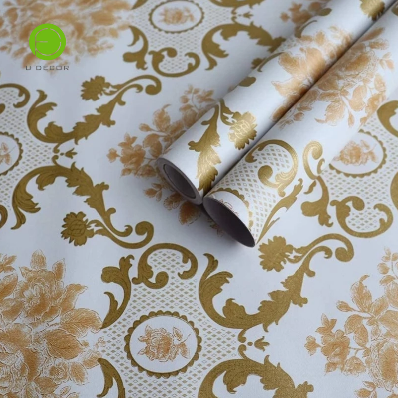 Golden Damask Peel and Stick Wallpaper Floral Self Adhesive Wallpaper Roll Waterproof Wall Stickers for Home Decoration