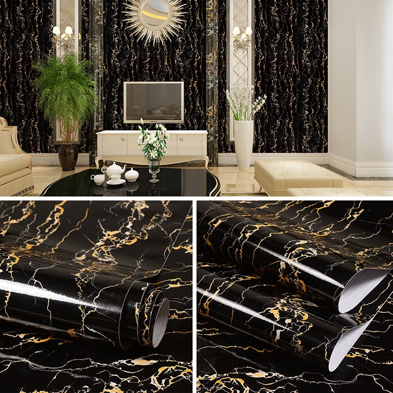 UDK Premium Black Glossy Marble Design Wallpaper Peel and Stick Granite Removable Self Adhesive Wallpaper for Kitchen Cabinets