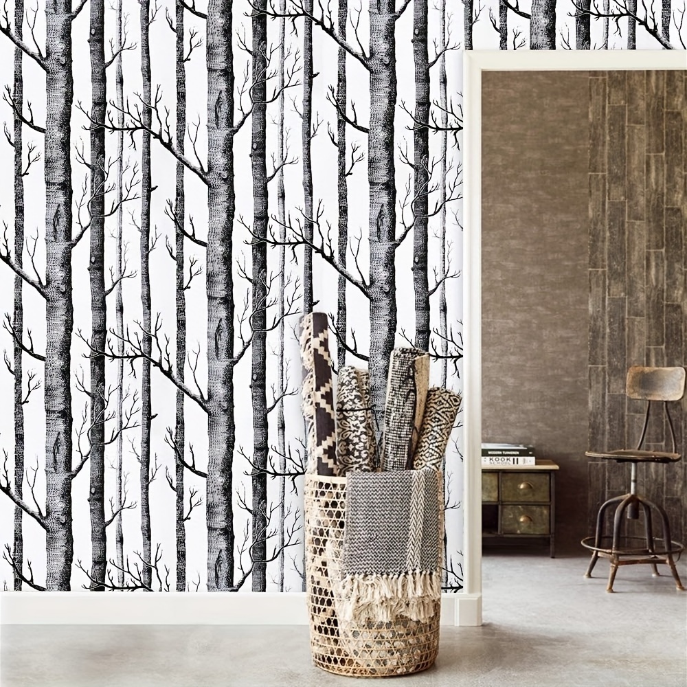 Birch Tree Peel and Stick Wallpaper for Bedroom Papel pintado pelado de abedul - Self Adhesive Black and White Vinyl Film for Wa