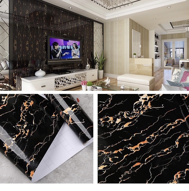 UDK Premium Black Glossy Marble Design Wallpaper Peel and Stick Granite Removable Self Adhesive Wallpaper for Kitchen Cabinets