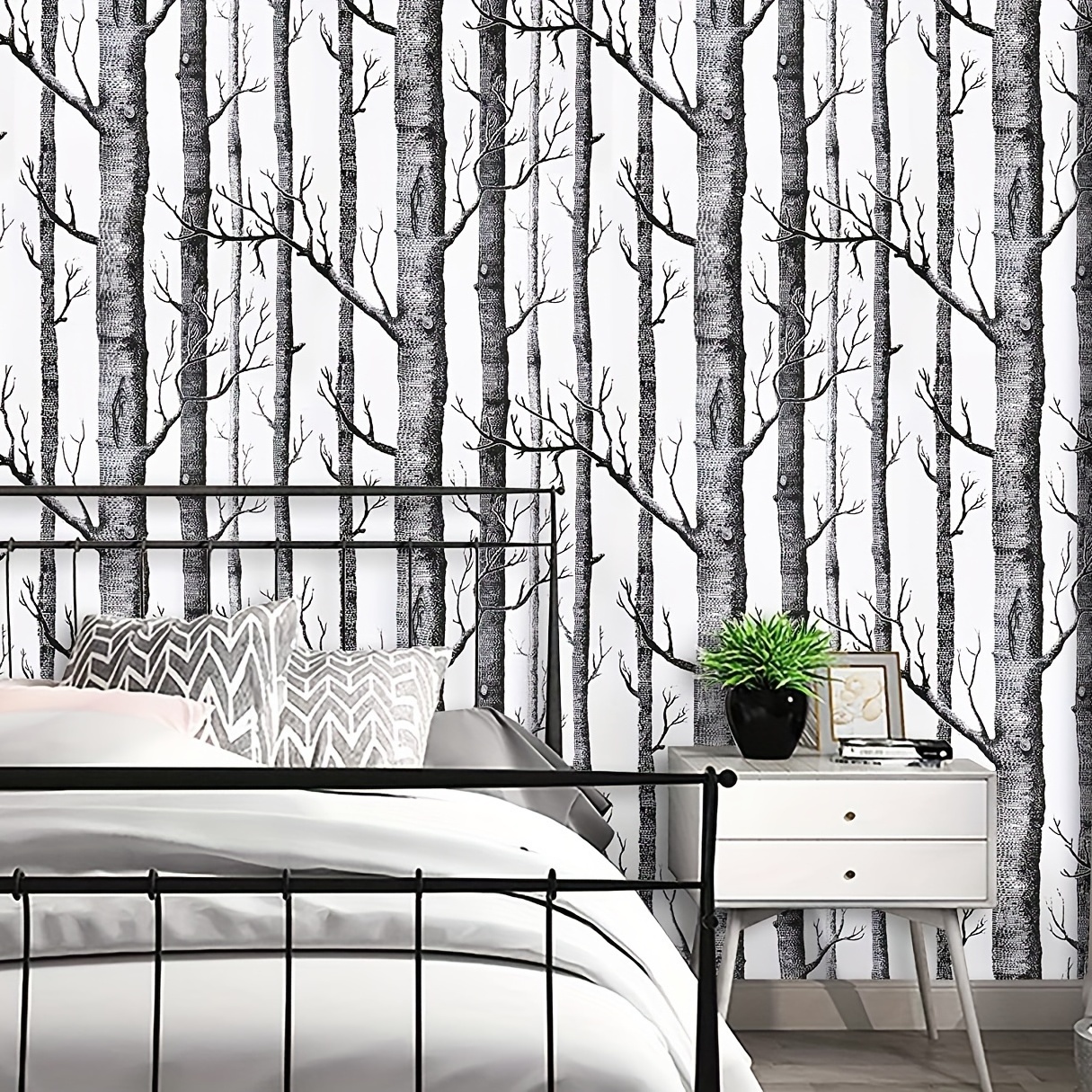 Birch Tree Peel and Stick Wallpaper for Bedroom Papel pintado pelado de abedul - Self Adhesive Black and White Vinyl Film for Wa