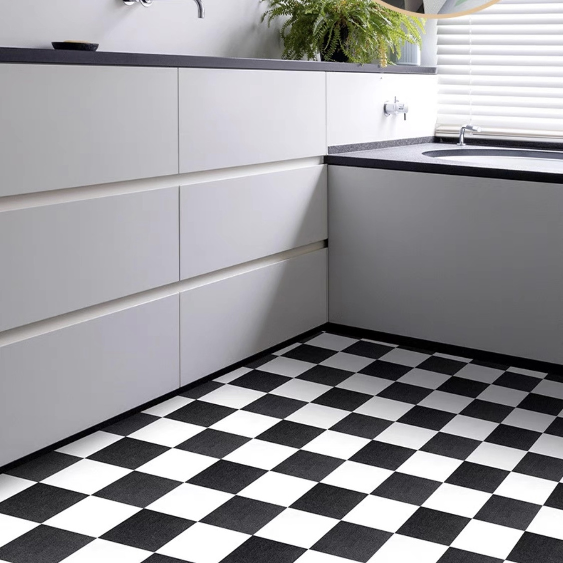 UDK Checkered Black and White Vinyl Flooring Roll 1.22*50m Waterproof Peel and Stick Floor Tile for Bathroom Kitchen Backsplash