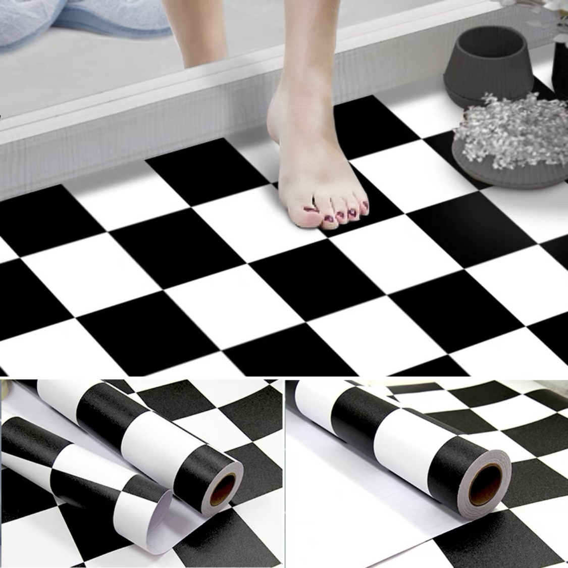 UDK Checkered Black and White Vinyl Flooring Roll 1.22*50m Waterproof Peel and Stick Floor Tile for Bathroom Kitchen Backsplash