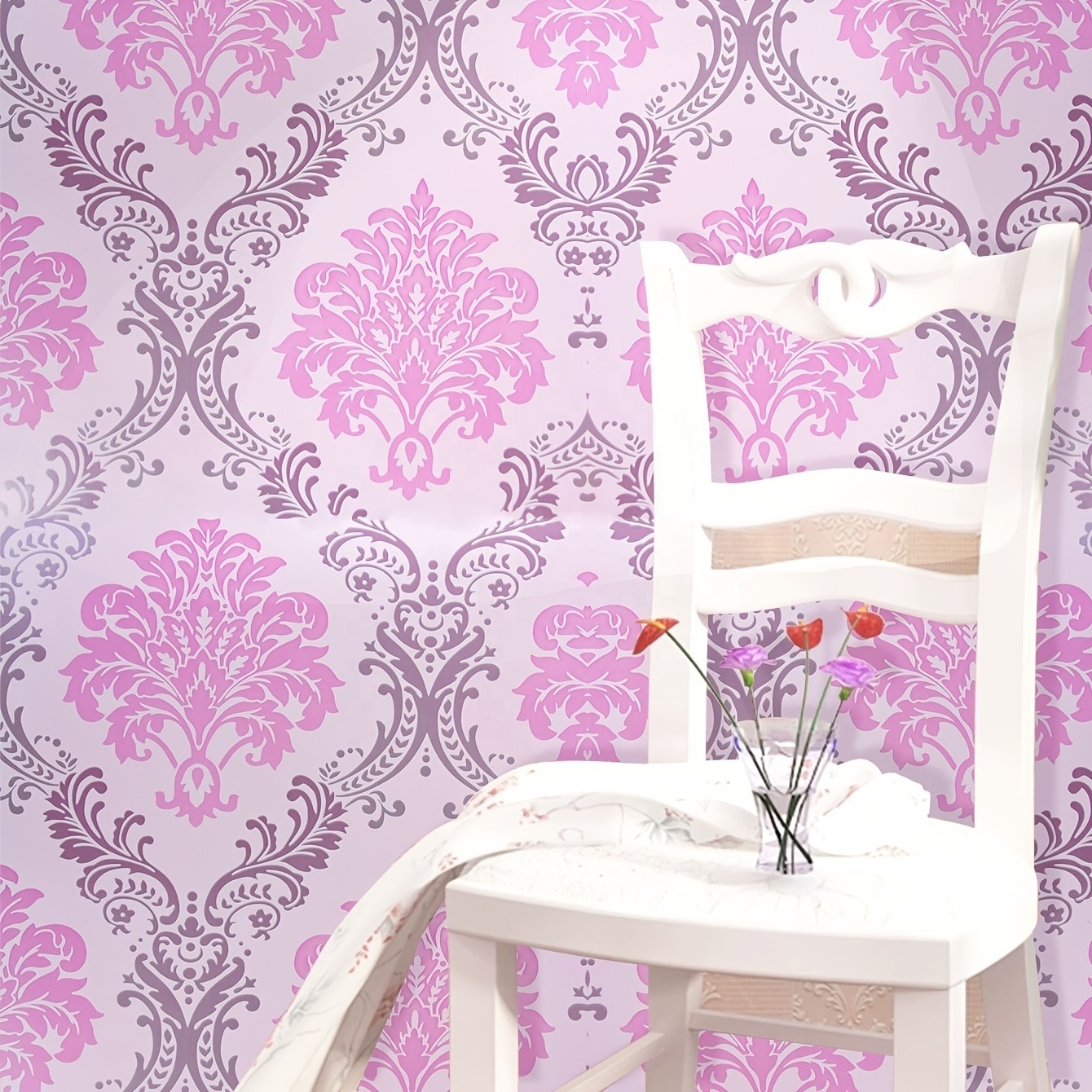 3d Wall Paper Pvc Adhesive Flower Designs Wallpaper Sticker Girls Room Floral for Kids Bedroom Decoration Pink & White Modern