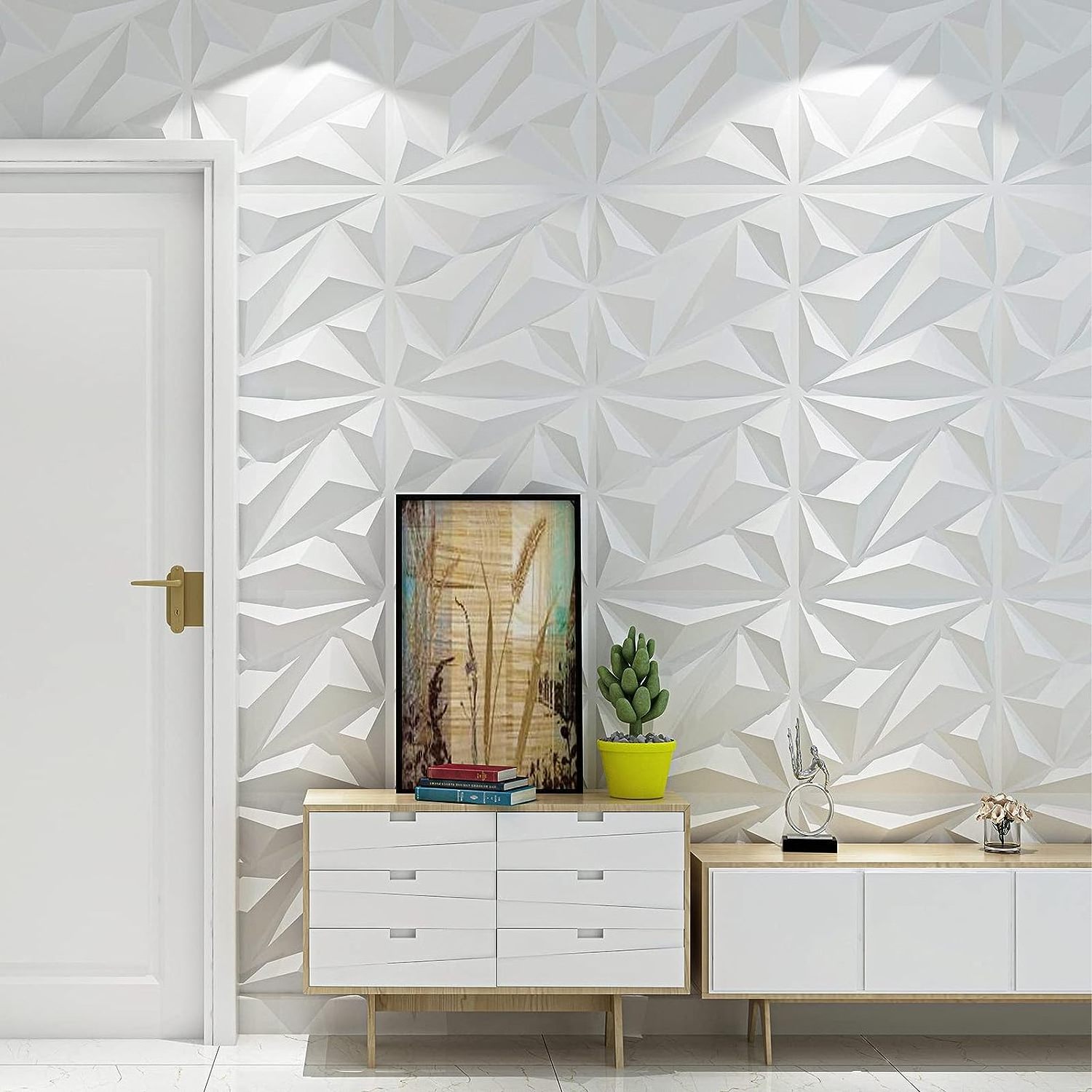 50 Pack 3D Wall Panel Diamond for Interior Wall Decor, PVC Flower Textured Wallpanels for Living Room Lobby Bedroom Hotel Office