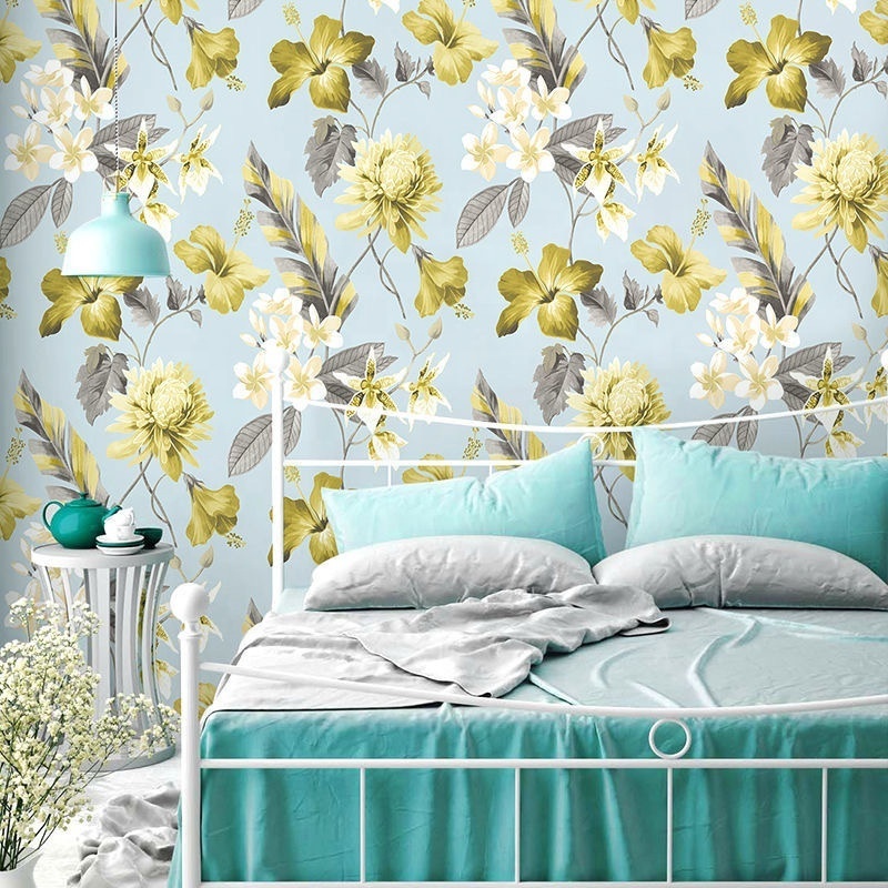 UDK blue yellow flower Peel and stick wall papers textured home decor 3d pvc self-adhesive wallpaper