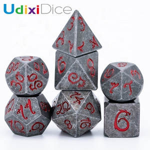 Udixi Metal Polyhedral RPG Dungeons and Dragons Custom logo 20 Dragon font Dice set