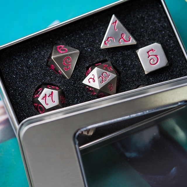 Udixi Metal Polyhedral RPG Dungeons and Dragons Custom logo 20 Dragon font Dice set