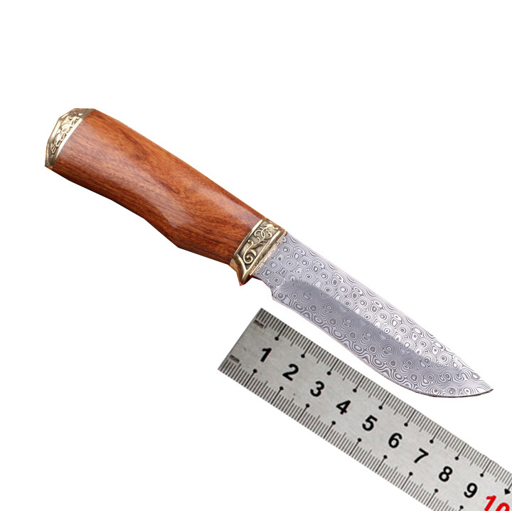 OEM handmade Damascus fixed blade knife outdoor knife with brass and rosewood handle