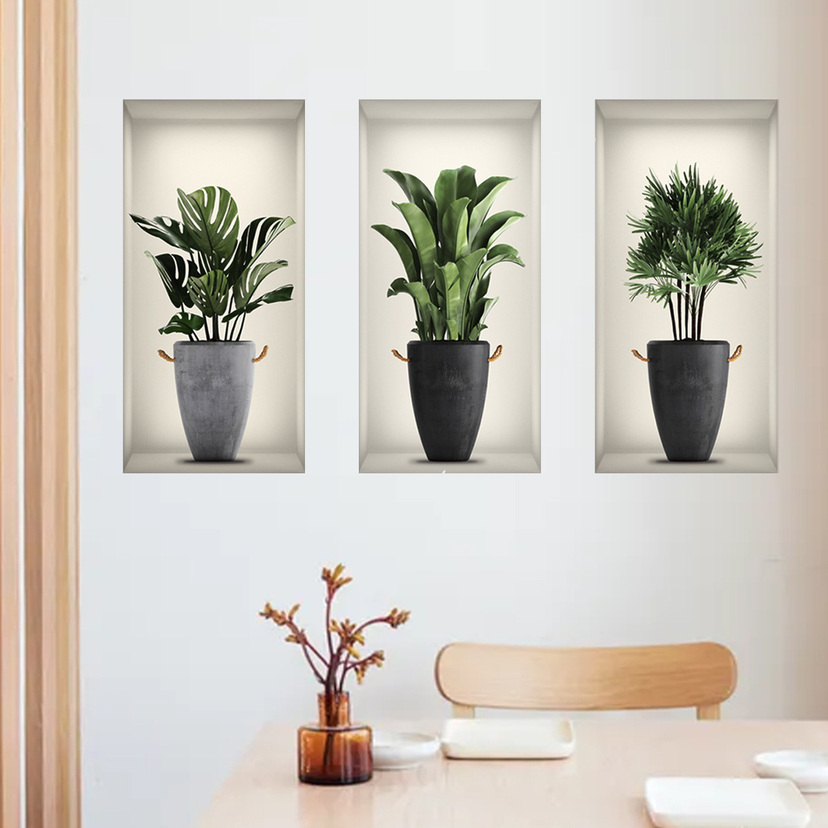 Wall stickers Green Plant Potting 3D Wall Sticker False three-dimensional triptych Decals Living Room Decorative Wallpaper