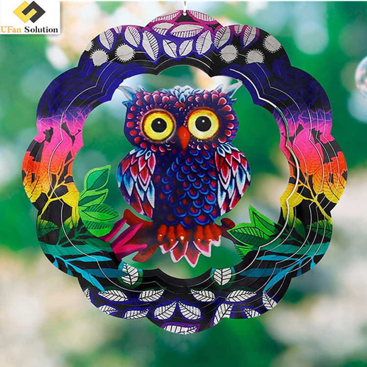 Outdoor Metal 3D Kinetic Sculptures Stainless Steel Yard Art Garden Owl Sublimation Spiral Wind Spinners Tail With Swivel Hook