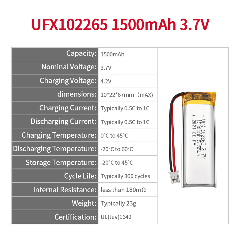 Manufactory Batteries Parallel UFX 102265 1500mAh 3.7V Professional Custom for Speaker Li-ion Battery