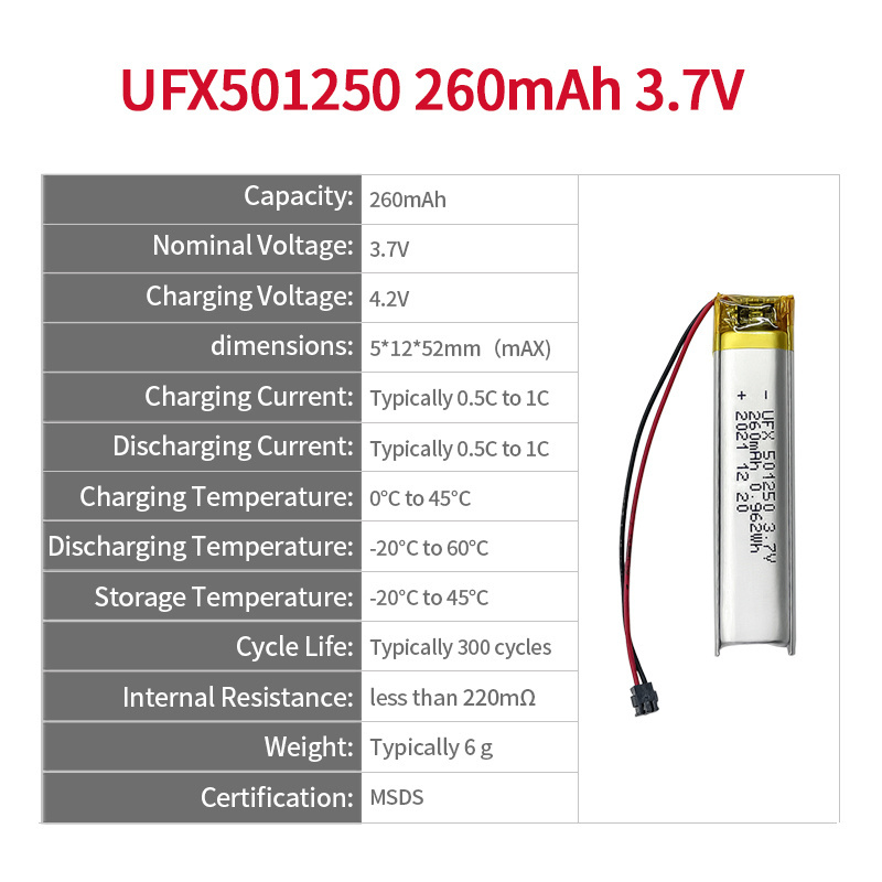 Chinese Li-ion Cell Factory Wholesale Recording Pen Battery UFX 501250 260mAh 3.7V Lipo Battery