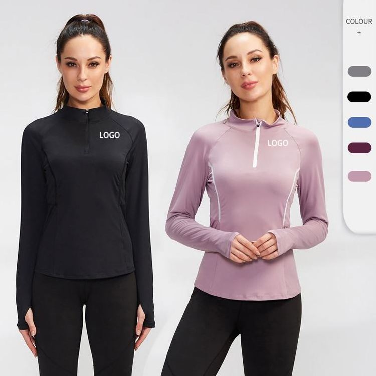 Half Zip Sports Training Jacket With Thumb Holes Turtleneck Long Sleeve Running Women Long Sleeve Pullover Yoga Jacket