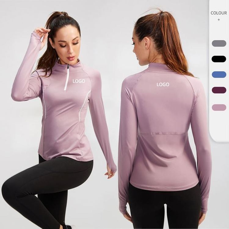 Half Zip Sports Training Jacket With Thumb Holes Turtleneck Long Sleeve Running Women Long Sleeve Pullover Yoga Jacket