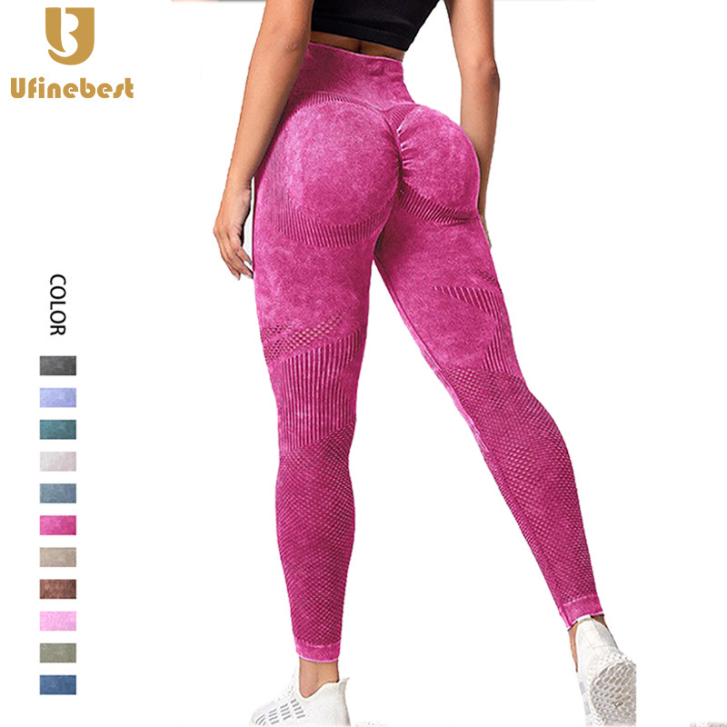 Washed Scrubbed Hollow out Tight Pants Women High Waist Soft Stretchy Tie Dye Leggings Marble Seamless Scrunch Yoga Leggings