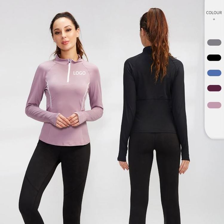 Half Zip Sports Training Jacket With Thumb Holes Turtleneck Long Sleeve Running Women Long Sleeve Pullover Yoga Jacket