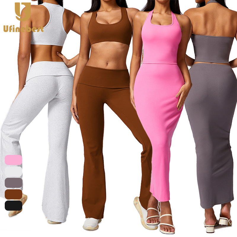 Women's Set Tight wrap hip dress Yoga Clothing 4 Piece Suit halter top Casual Workout Wear Ribbed Yoga Set Gym Fitness Sets