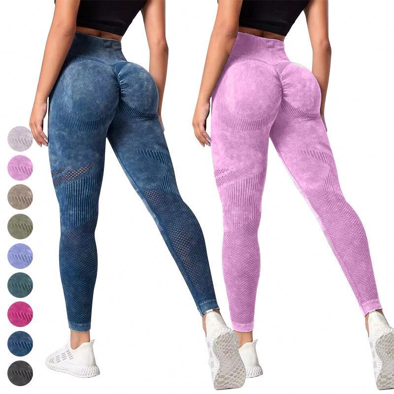 Washed Scrubbed Hollow out Tight Pants Women High Waist Soft Stretchy Tie Dye Leggings Marble Seamless Scrunch Yoga Leggings