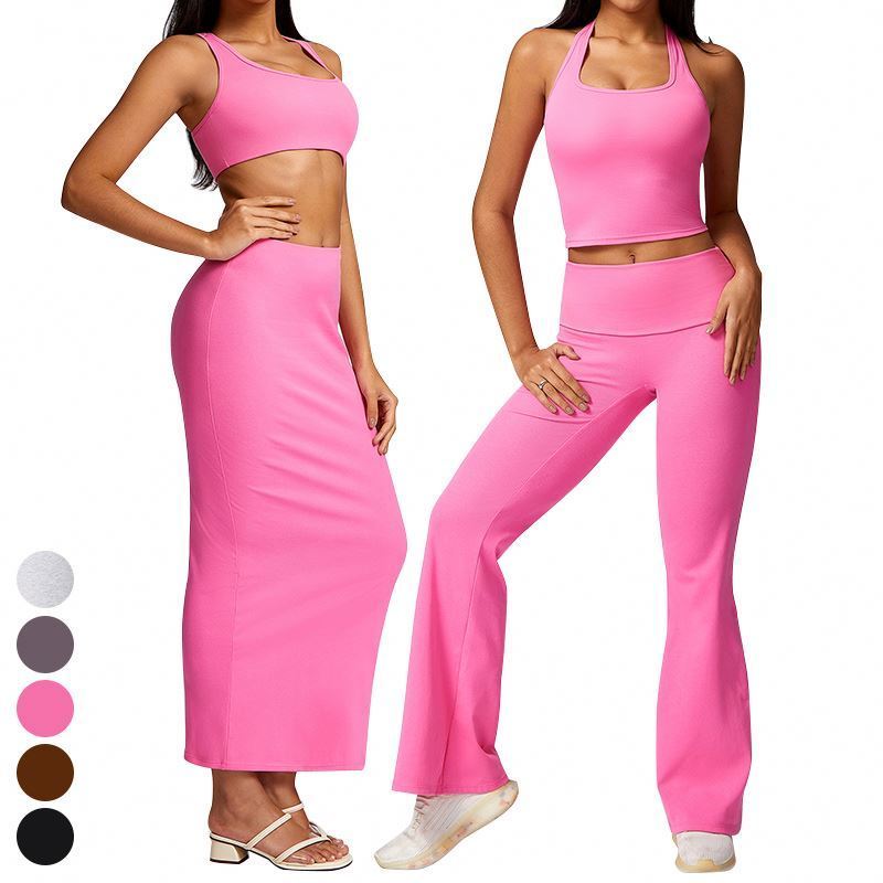 Women's Set Tight wrap hip dress Yoga Clothing 4 Piece Suit halter top Casual Workout Wear Ribbed Yoga Set Gym Fitness Sets