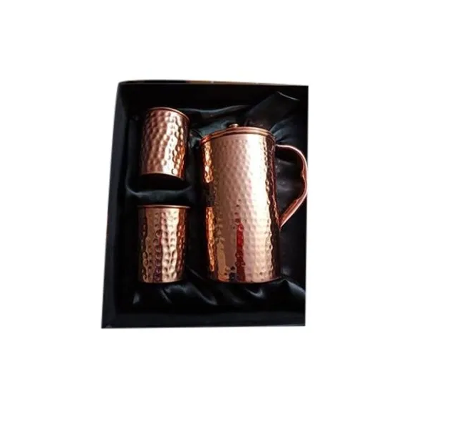 Copper jug with 2 glass Health Beneficial Tableware Pure Copper Plain Water jug With Handle Lid And Knob and black box packing