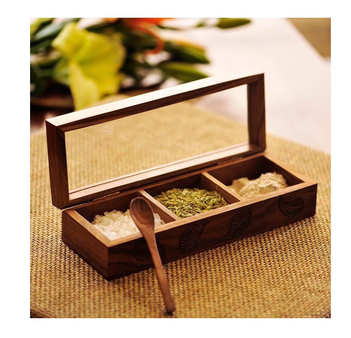 Unique Style Moveable Spice Compartment with Wooden Square Box High Quality Spice Tools Kitchen Decor Tableware Box