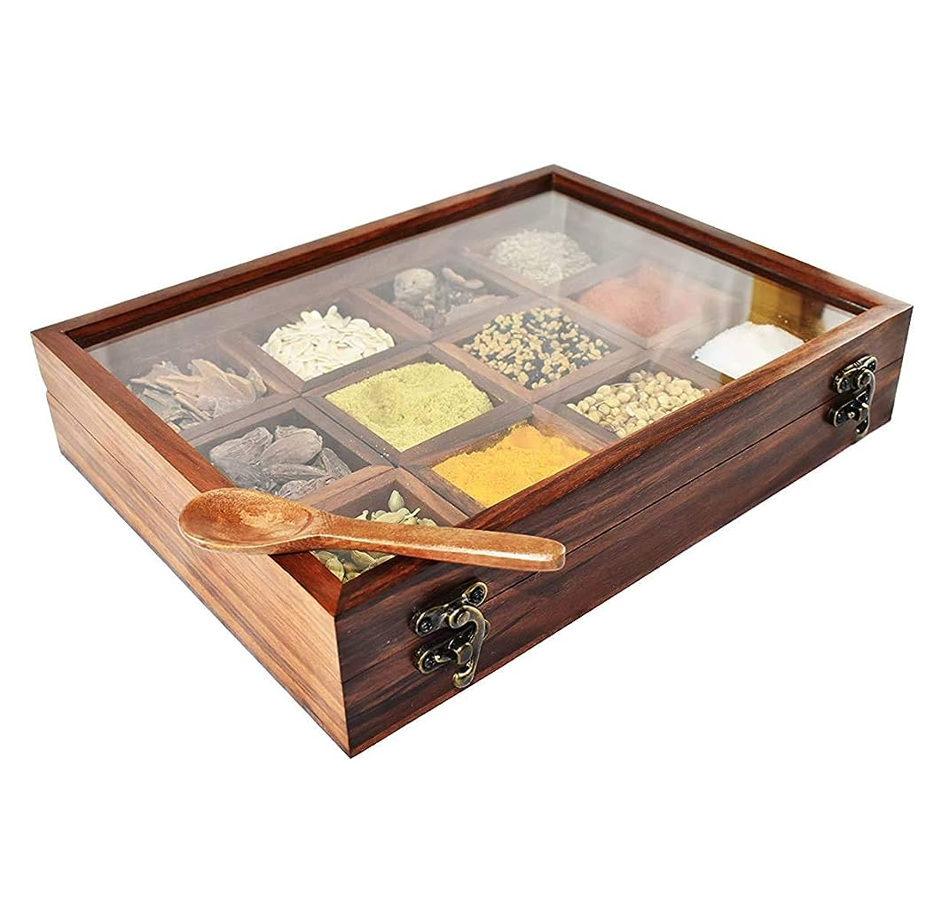 Unique Style Moveable Spice Compartment with Wooden Square Box High Quality Spice Tools Kitchen Decor Tableware Box