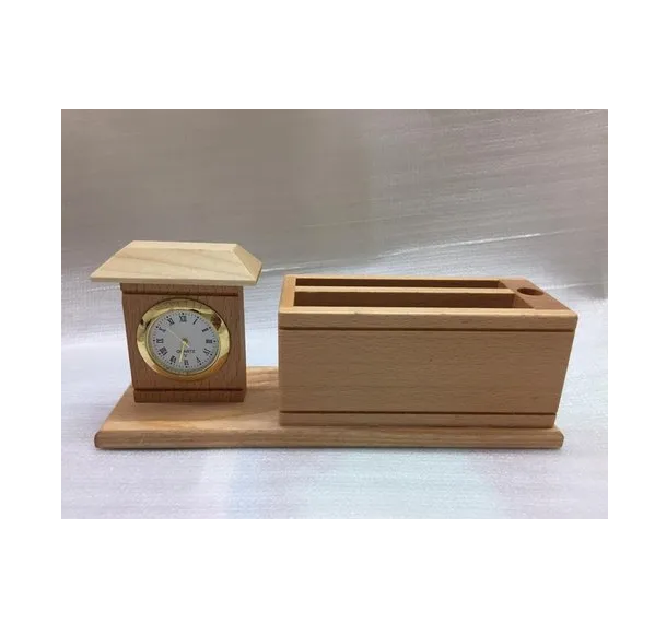 New Arrivals Wood Stationary Holders with Watch Modern Look Pen Holder For Office School Table Usage In Wholesale