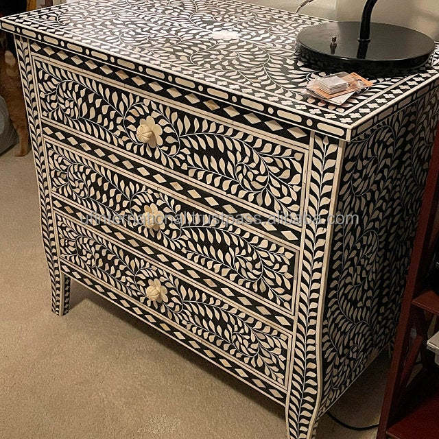 Bone inlay bedside table in floral design / customized bone inlay chest drawer from India handicraft for handmade polished